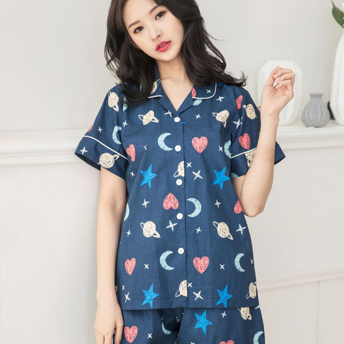 여성잠옷 유니버셜 면아사 반팔 상하세트 (카라형)