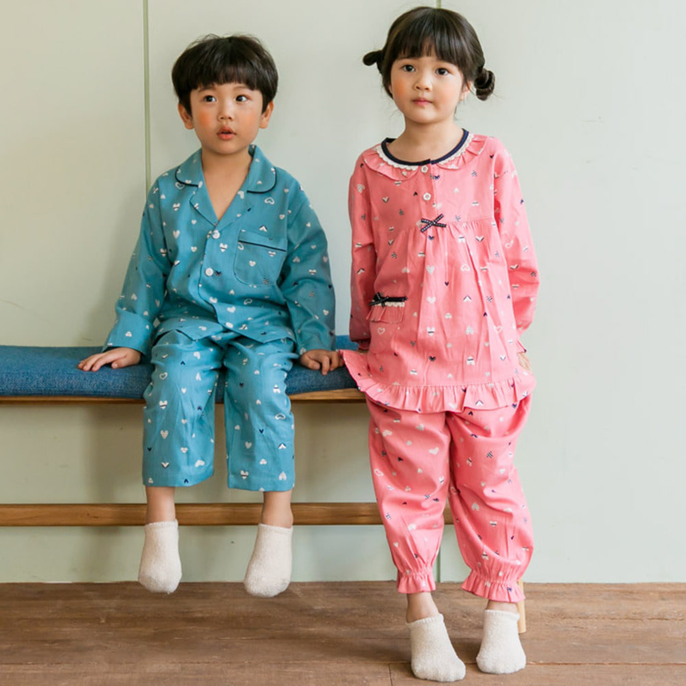 국산파자마 초등잠옷 하트무늬 순면 긴팔 어린이실내복 홈웨어 (3~4세)