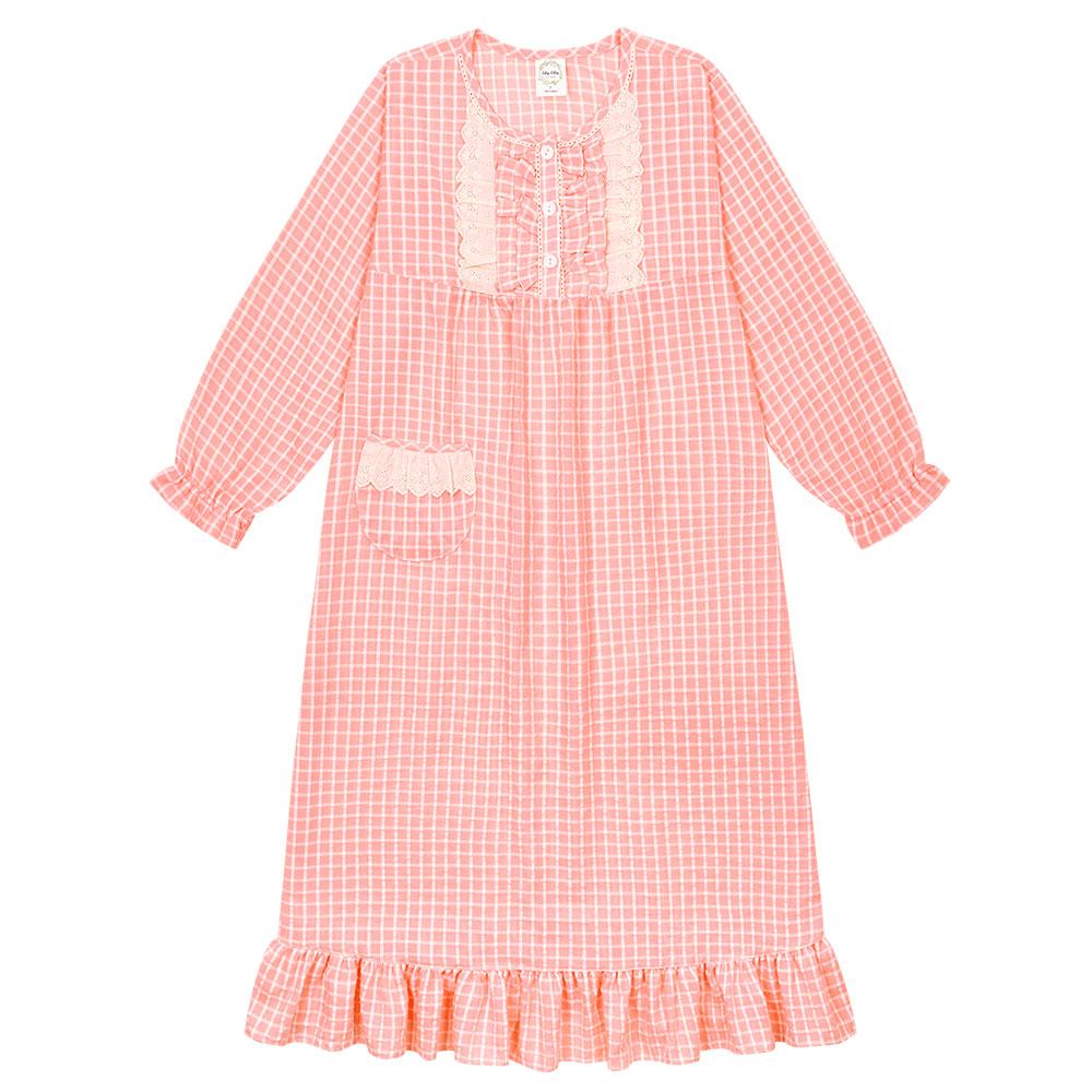 여성 원피스잠옷 체크무늬 레이스파자마 긴소매 봄여름 홈웨어 드레스 PK