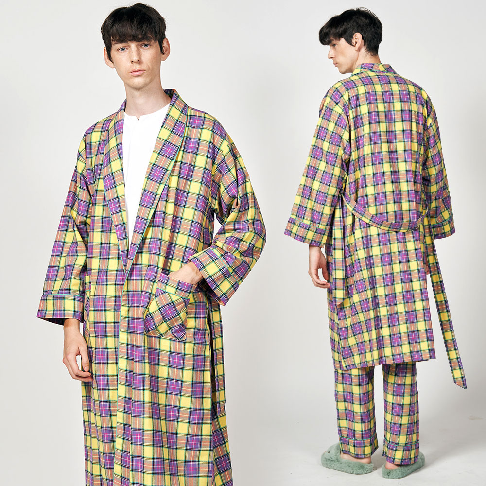 [~115cm롱] 남자 로브가운 체크 기모선염 순면 나이트가운 잠옷 (옐로)