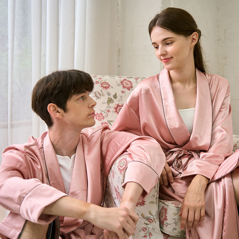 [~120cm롱] 커플 실크가운 컬러 나이트 로브 잠옷가운 결혼선물 (핑크)