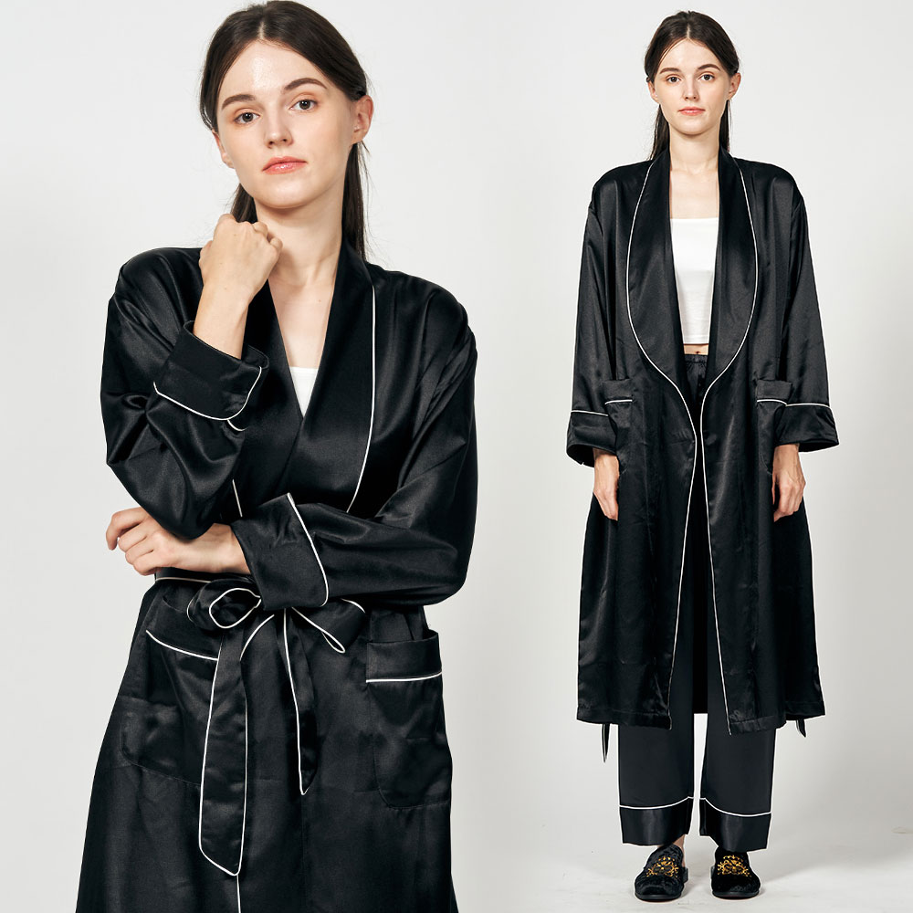[~120cm롱] 여성가운 컬러실크 나이트 가운 로브 잠옷 (블랙)