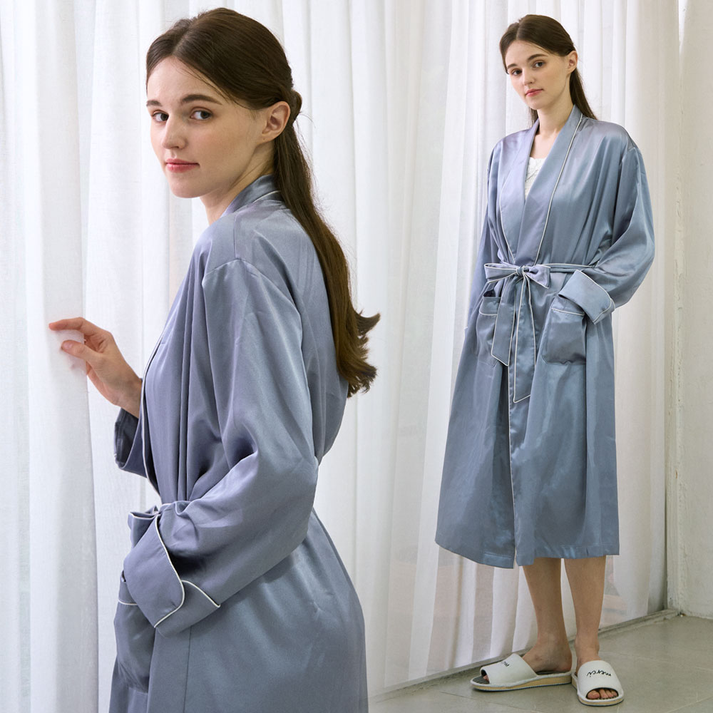 [~120cm롱] 여성 로브가운 컬러실크 나이트가운 잠옷 친구선물 (블루)