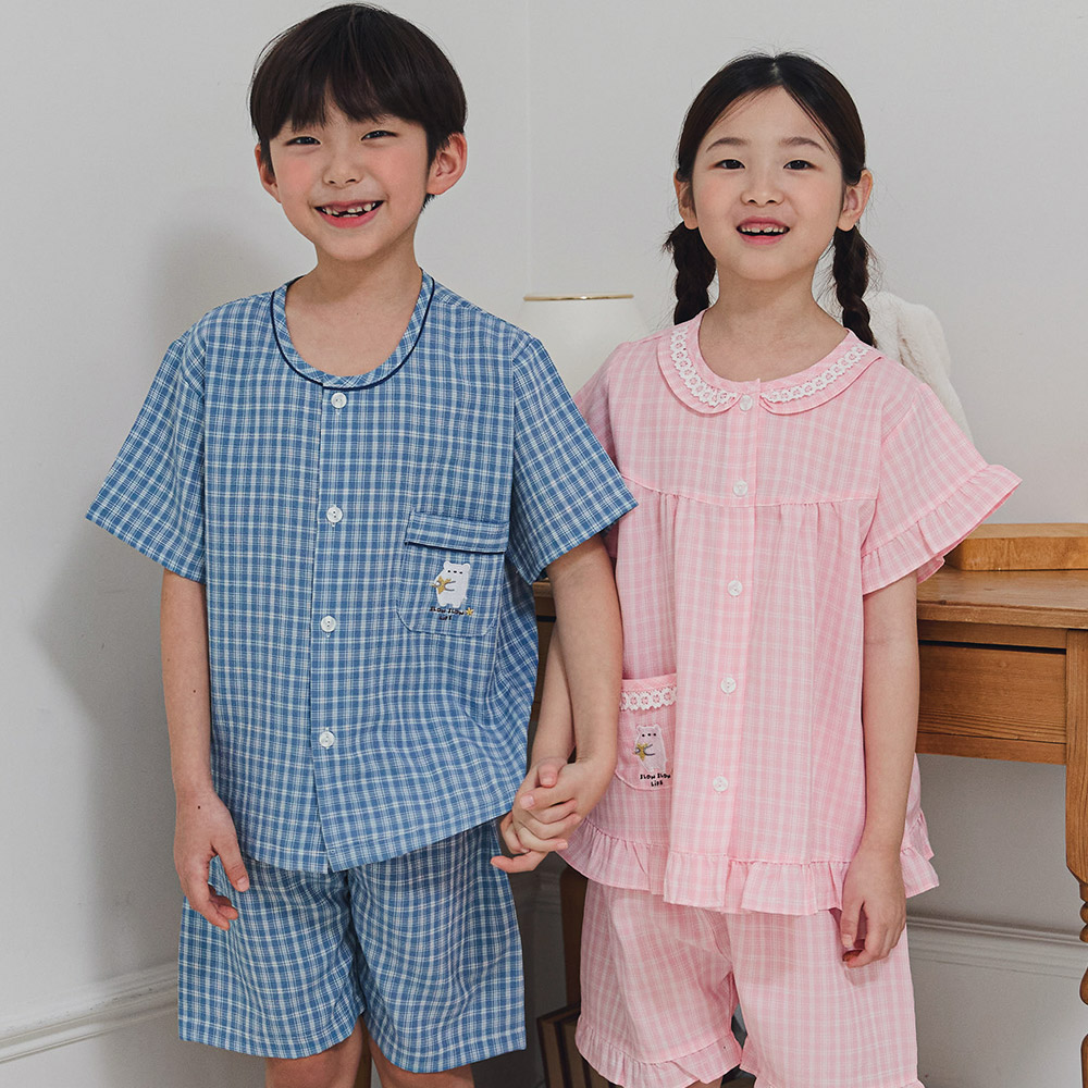 어린이실내복 주니어 체크파자마 반소매 인견  홈웨어 유아잠옷세트 상하복 조카선물