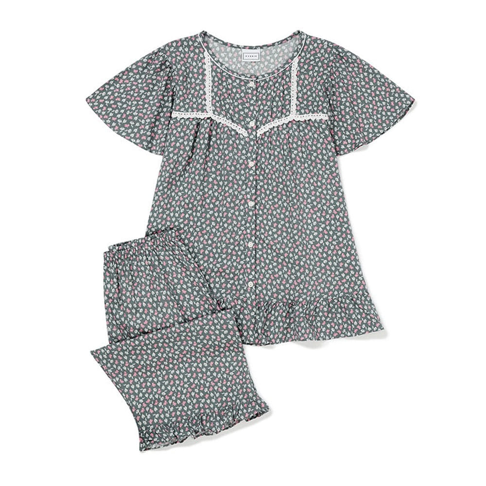 알콩단잠 여자잠옷브랜드 아디안 꽃무늬파자마 반팔 여름홈웨어세트 (라운드)