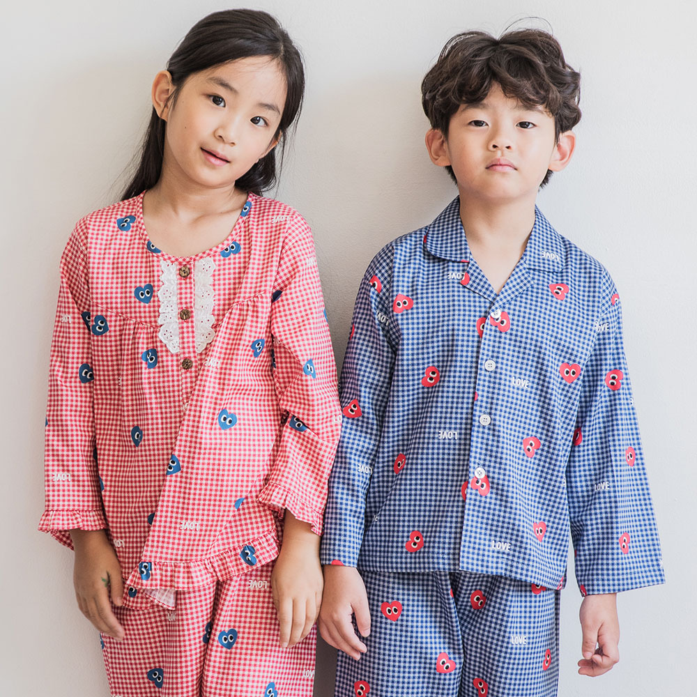 여아동잠옷 체크파자마 홈웨어 하트무늬 유아실내복 (9~10세)