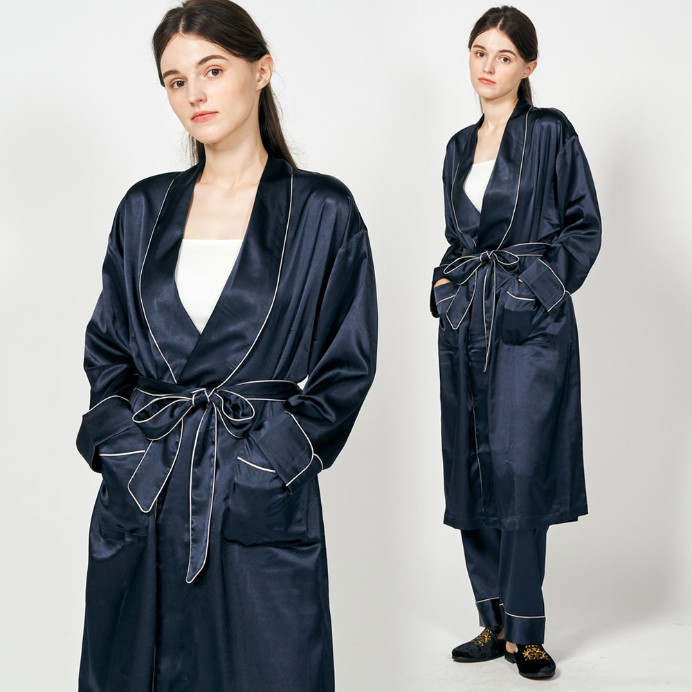 [~120cm롱] 여성 실크가운 컬러 나이트 로브 잠옷가운 (네이비)