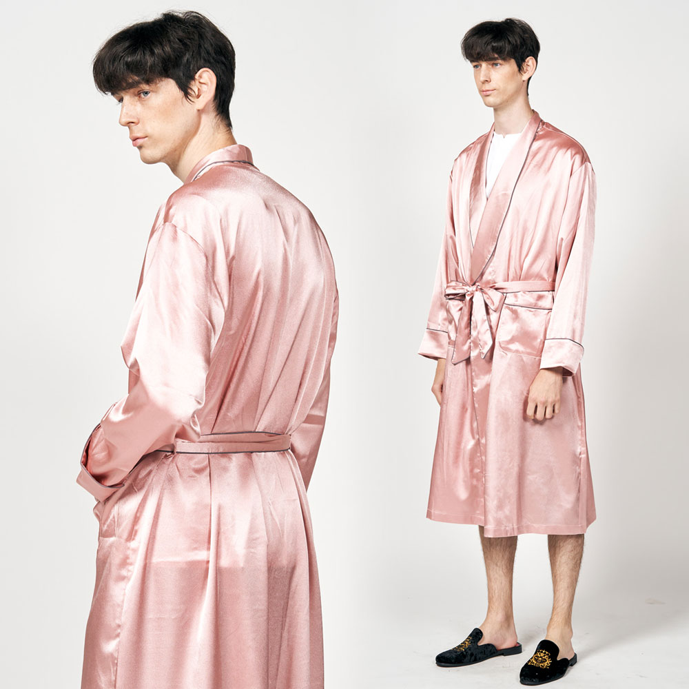[~120cm롱] 남성 실크가운 컬러 나이트 로브 잠옷가운 (핑크)
