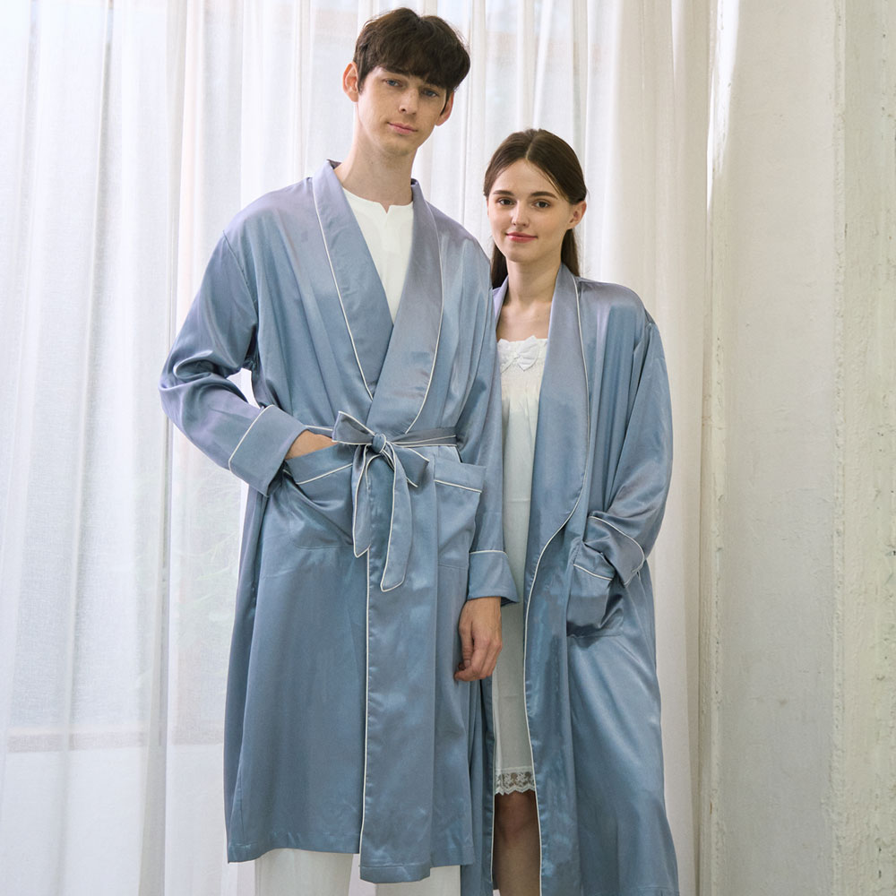 [~120cm롱] 커플가운 컬러 실크 나이트 가운 로브 잠옷 (블루)