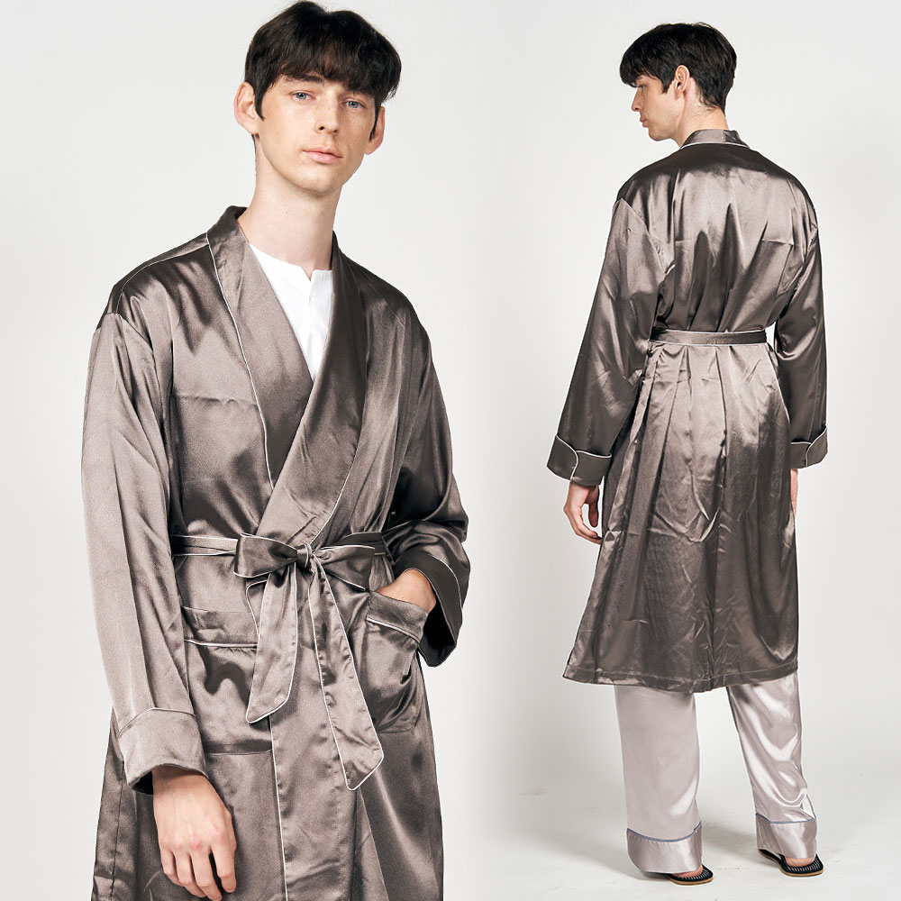 [~120cm롱] 남자 로브가운 컬러실크 나이트가운 잠옷 (브라운)